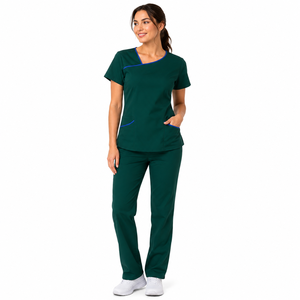 Ensemble de blouses médicales pour femmes, col asymétrique, passepoil contrastant, deux poches, pantalon à taille élastique, uniforme d'infirmière, tenue de travail, vente en gros - Product Image 1