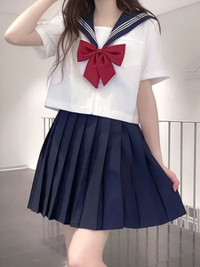 Japanese Style JK Suit Uniform Red Tie White 3 Books 20 Neck Basic Model Sailor Suit Unisex 100% Cotton Short Sleeve Set - Product Image 3