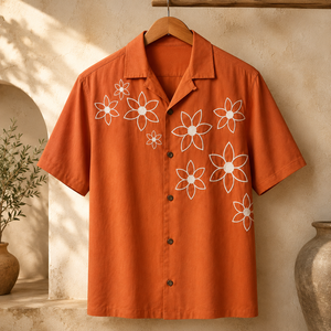 Camisa de Algodón de Lujo para Hombre, con Bordado Floral Naranja, Manga Corta, Estilo Casual para Vacaciones - Product Image 4