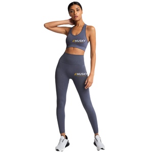 HUSKY Women's Ribbed Sports <b>Bra</b> Leggings Set <b>Blue</b> Seamless Fitness Wear Breathable Racerback Scoop Neck High Support - Product Image 1