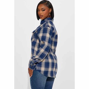 Chemise en flanelle à carreaux bleus pour femmes, manches longues, col rabattu, longueur intégrale, 100% coton, vêtements d'automne - Product Image 4