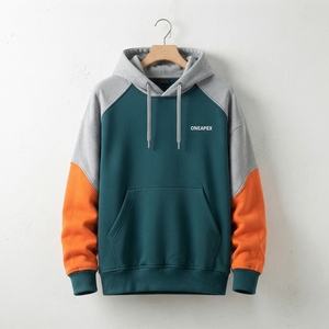 Sudadera con capucha de forro polar para hombre, color verde azulado con bloques de color y mangas naranjas, estilo oversize, streetwear, casual, deportiva, personalizada, al por mayor - Product Image 4
