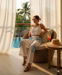 Pantalones Cargo blancos de pierna ancha de cintura alta para mujer con bolsillos utilitarios azul claro y detalles de paneles - Product Image 2