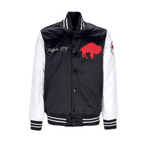 Veste universitaire en satin noir personnalisée pour hommes, veste bomber à manches blanches, vente en gros, broderie Buffalo, vêtements de sport pour équipe de baseball - Product Image 1