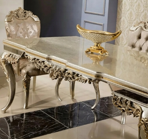 Ensemble de table à manger en teck massif blanc doré de luxe, meubles de salle à manger classiques européens sculptés, fabriqués en Indonésie - Product Image 3