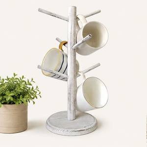 Rustic White Wooden Mug <b>Tree</b> Holder 6 Hook Coffee Cup <b>Stand</b> for Kitchen Countertop Organizer & Farmhouse Style Display Rack - Product Image 4