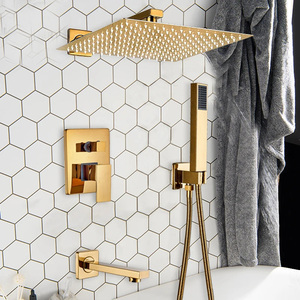 Set Doccia a Incasso in Ottone Spazzolato Oro Lusso, <span class=keywords><strong>Miscelatore</strong></span> Doccia a 2/3 Vie Caldo/Freddo con Effetto Pioggia per Hotel, Ingrosso e OEM - Product Image 1