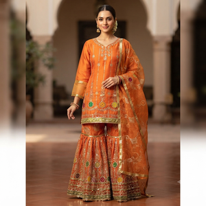 Orange Embroidered Floral Pattern Organza Salwar Kameez 3 Piece Set V-Neck Full Sleeve Handmade Party Wear Women's Traditional - Product Image 3