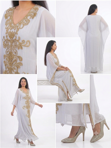 Awais House Women's White Beaded Embroidery <b>Chiffon</b> Polyester Floor-Length Modest Evening Dress V-Neck Long Sleeves Natural - Product Image 4