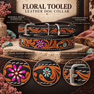 Collar de Cuero para Perro Estilo Western, con Diseño Floral Grabado a Mano y Herrajes Metálicos |   Collar Canino Ajustable y Cosido - Product Image 5