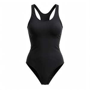 Traje de Baño Tankini de una Pieza para Mujer, Color Negro Sólido, Cuello Redondo, Spandex, Poliéster Elástico, Corte Regular - Product Image 1