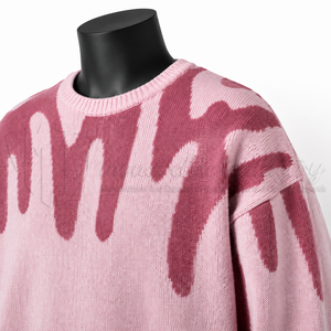 Pink Oversized Knit Pullover Crewneck <b>Sweater</b> with Abstract Print Unisex Autumn Wear Regular Fit Acrylic Material - Product Image 6