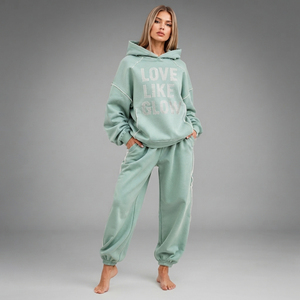 Oversized Fleece Tracksuit Women's Rhinestone Print <b>Hoodie</b> French Terry Jogger Two Piece Set Ladies Raw Seam Hooded Sweat Suit - Product Image 1