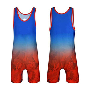 Combinaison de lutte sublimée dégradée pour hommes, bleu-rouge ombré, pour compétition de powerlifting, vente en gros, OEM - Product Image 4