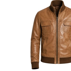 Chaqueta Bomber de Cuero Marrón para Hombre, Estilo Universitario, con Cuello y Puños Acanalados, Cierre de Cremallera en la Cintura, Estilo Vintage, con Bolsillos, para Otoño - Product Image 4