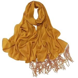 Lightweight Muslim Hijab <b>Chiffon</b> <b>Scarf</b> with Beaded Fringe - Product Image 1