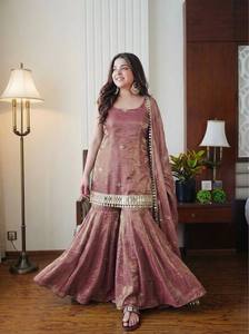 Designer <b>Silk</b> <b>Kurta</b> Sharara Set with Dupatta | Elegant Flared Sharara Suit for Women Festive Wedding Ethnic Wear (Brown & Teal) - Product Image 2