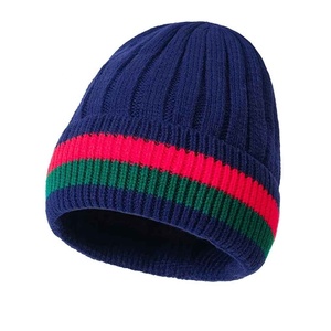 Unisex <b>Navy</b> Blue Striped Beanie Knit Winter <b>Hat</b> Acrylic Casual Adult 56-58CM 2027 - Product Image 1