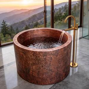 Baignoire autoportante de luxe en cuivre martelé, design texturé, avec robinet doré élégant, style antique, pour adultes - Product Image 1