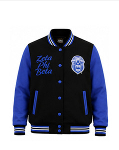 เสื้อแจ็คเก็ต Zeta Phi Beta สีดำ-น้ำเงินกรมท่า ปักโลโก้ แขนยาว คอตั้ง ผ้าซาตินสำหรับผู้หญิง แบบเรียบ สำหรับฤดูใบไม้ร่วงและฤดูหนาว - Product Image 1