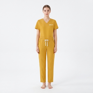 Ensemble de blouses et pantalons jaunes pour femmes Hawk Eye, col en V, uniformes d'hôpital, coton et polyester tissé extensible - Product Image 3