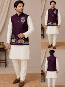 White <b>Men's</b> <b>Kurta</b> Set With Hand Drawn Elephant Embroidery Traditional Indian Wedding Wear Cotton Regular Fit - Product Image 3