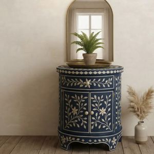 Mesa de Noche Redonda Hecha a Mano con Incrustaciones de Madera Tradicionales para Dormitorio, Sala de Estar, Muebles para el Hogar - Product Image 2