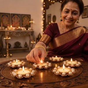 Supports de bougies chauffe-plat en filigrane métallique plaqué or, faits à la main, de luxe, écologiques, durables, avec perles exquises, pour Diwali, mariage et décoration intérieure - Product Image 5