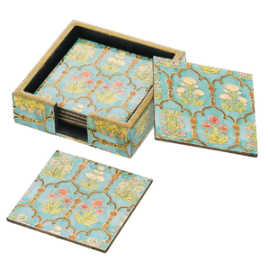 Posavasos Decorativos de Madera MDF al por Mayor, Forma Cuadrada, Antideslizantes, con Soporte, Diseño con Estampado Floral Azul Esmaltado - Product Image 6