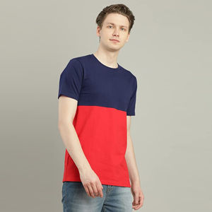 <b>Mens</b> Color Block Horizontal Panel Navy Blue Red Short Sleeve Cotton T-<b>Shirt</b> Custom Logo OEM ODM Wholesale Apparel - Product Image 2