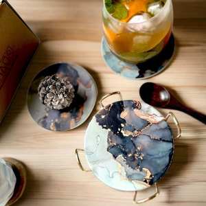 <b>Marble</b> Coaster <b>Set</b> With Gold Holder Elegant Design For Luxury Home Decor <b>Coffee</b> <b>Table</b> Protection Tea <b>Coffee</b> Use - Product Image 1