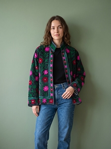 <b>Womens</b> Animal <b>Embroidered</b> Quilted Velvet <b>Jacket</b> with Mandarin Collar Breathable and Cotton Lined - Product Image 2