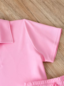 Women Summer High Quality 2 Piece Pink Sporty Shorts Set Short Sleeve Turn-down Collar Crop Top Knee Solid Breathable Knitted - Product Image 5