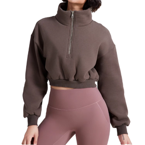 Sudadera de mujer de alta calidad 100% algodón polar con cuello redondo, hombros caídos, media cremallera, corte regular, bajo flexible, estilo urbano para invierno - Product Image 3