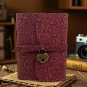Genuine Red Leather Journal with Heart <b>Lock</b> Personalized Flower Embossed Notebook Handmade Deckle Paper <b>Diary</b> for Writing - Product Image 1