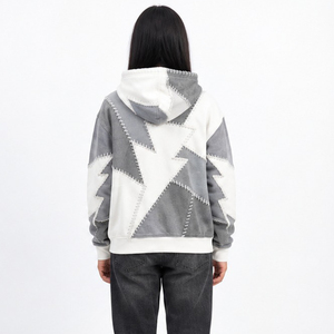 Sudadera con Capucha Extra Grande Unisex, Diseño de Parches Geométricos, Blanca y Gris, Ropa Casual de Otoño - Product Image 5