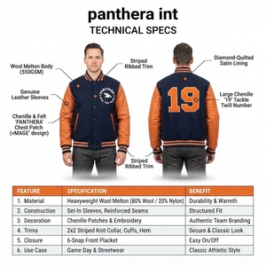 Veste universitaire en laine Melton sur mesure, poids lourd 550 GSM, bleu marine, doublure matelassée orange, lettres en chenille, pour homme, OEM - Product Image 5