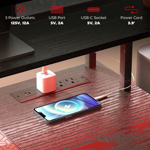 67\" Black Computer Desk with <b>Power</b> Outlets LED Lights <b>File</b> Cabinet Fabric Drawers Bookshelf - Product Image 6