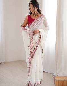 Sari de fête KV traditionnel en rayonne georgette blanc brodé, réversible, infroissable, séchage rapide, travail artisanal lourd, avec chemisier non cousu pour - Product Image 1
