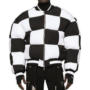 Veste matelassée à carreaux noirs et blancs pour homme, coupe-vent, streetwear, bomber, fermeture éclair, rembourrage épais en polyester, manteau d'hiver - Product Image 1