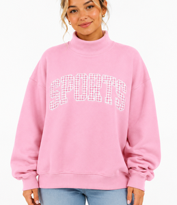 Sweat-shirt à col montant gris foncé pour femme SPORTS OEM, coupe ample, décontracté, en polaire, avec motif gingham, manches longues, pull-over - Product Image 1
