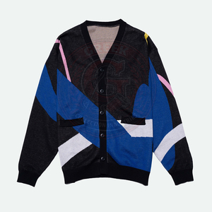 Cardigan en tricot à motif géométrique pour homme, en acrylique, à manches longues, col en V, style universitaire. - Product Image 1