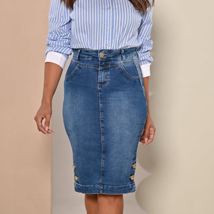Straight Knee Length Stretch Denim Jean Skirt for Women Plus Size Side Button Details - Product Image 4