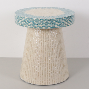 Blue Rim Tapered Pedestal Stools Mother of Pearl Handcrafted <b>Mosaic</b> Small Side Table For Living Room Bedroom Decor Use - Product Image 3