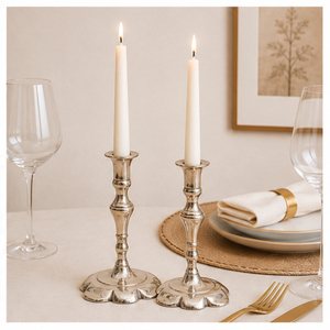 Exclusive <b>Silver</b> Metal Taper Candle Holder Set with Scalloped Base Vintage Style <b>Candlestick</b> Stand for Event Table Decor - Product Image 2