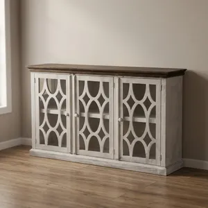 Aparador de Madera Antiguo Hecho a Mano con Tres Puertas, Mueble para TV, Mesa de Almacenamiento con Puertas Decorativas de Rejilla para Sala de Estar - Product Image 4