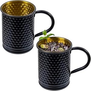 Mug en acier inoxydable martelé noir avec intérieur doré, poignée moderne, tasse à boisson pour les fêtes, résistant à la chaleur - Product Image 1