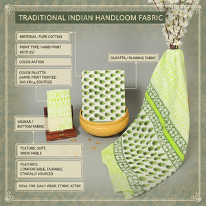 Conjunto de Traje Indio de Algodón Floral Blanco y Verde de Primera Calidad |   Salwar Kameez Punjabi Hecho a Mano con Estampado de Bloques |   Ropa Étnica Informal para Mujer - Product Image 6