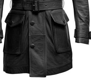 เสื้อโค้ทหนังแกะแท้แบรนด์ดัง คอปกเสื้อเชิ้ต คลาสสิก กระเป๋าหลายช่อง ความยาวปานกลาง มีเข็มขัด หนังแท้สั่งทำพิเศษ คุณภาพสูง - Product Image 5