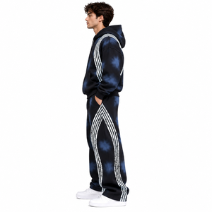 Mens Winter <b>Black</b> Solid <b>Zip</b> <b>up</b> Hooded Fleece Breathable <b>Hoodie</b> & Jogger Set with Contrast Side Stripe Print Urban Streetwear - Product Image 2